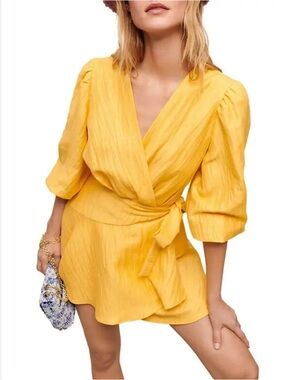 Maje Yellow Wrap Mini Dress Puff Sleeve Ruffle Linen Blend 40